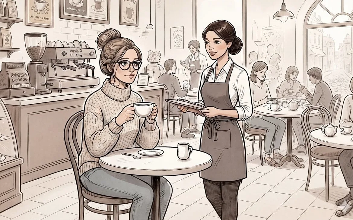 Woman at a café table with her coffee, talking to the waitress, her tone coming across off