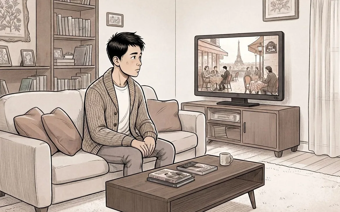 Man watching a French café scene on TV from his couch, missing the cultural context
