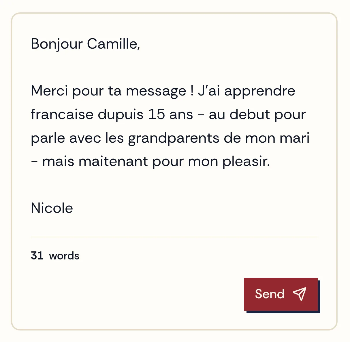 A reply written in French back to Camille